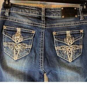 Live Hard Jean Womens 6 Embroidered Flap Pockets Western Cowgirl Rodeo Bling EUC